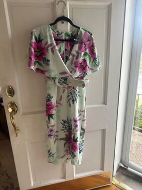 Maison Tara Mint Floral Wrap Midi Dress with Pink Blooms